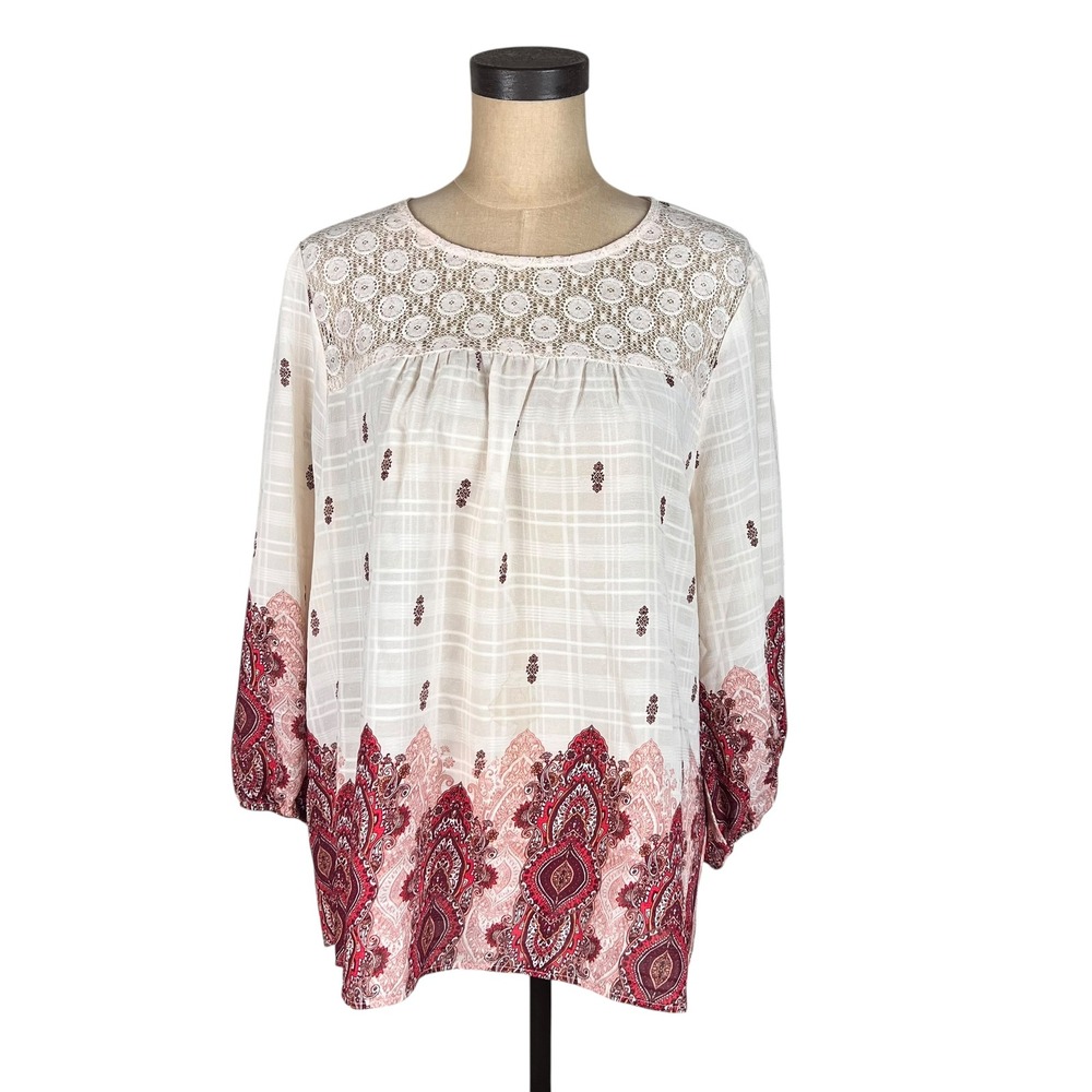 Fig and Flower Womens 2X Boho Lace Yoke Paisley Print Blouse Red Cream ANT19C01X